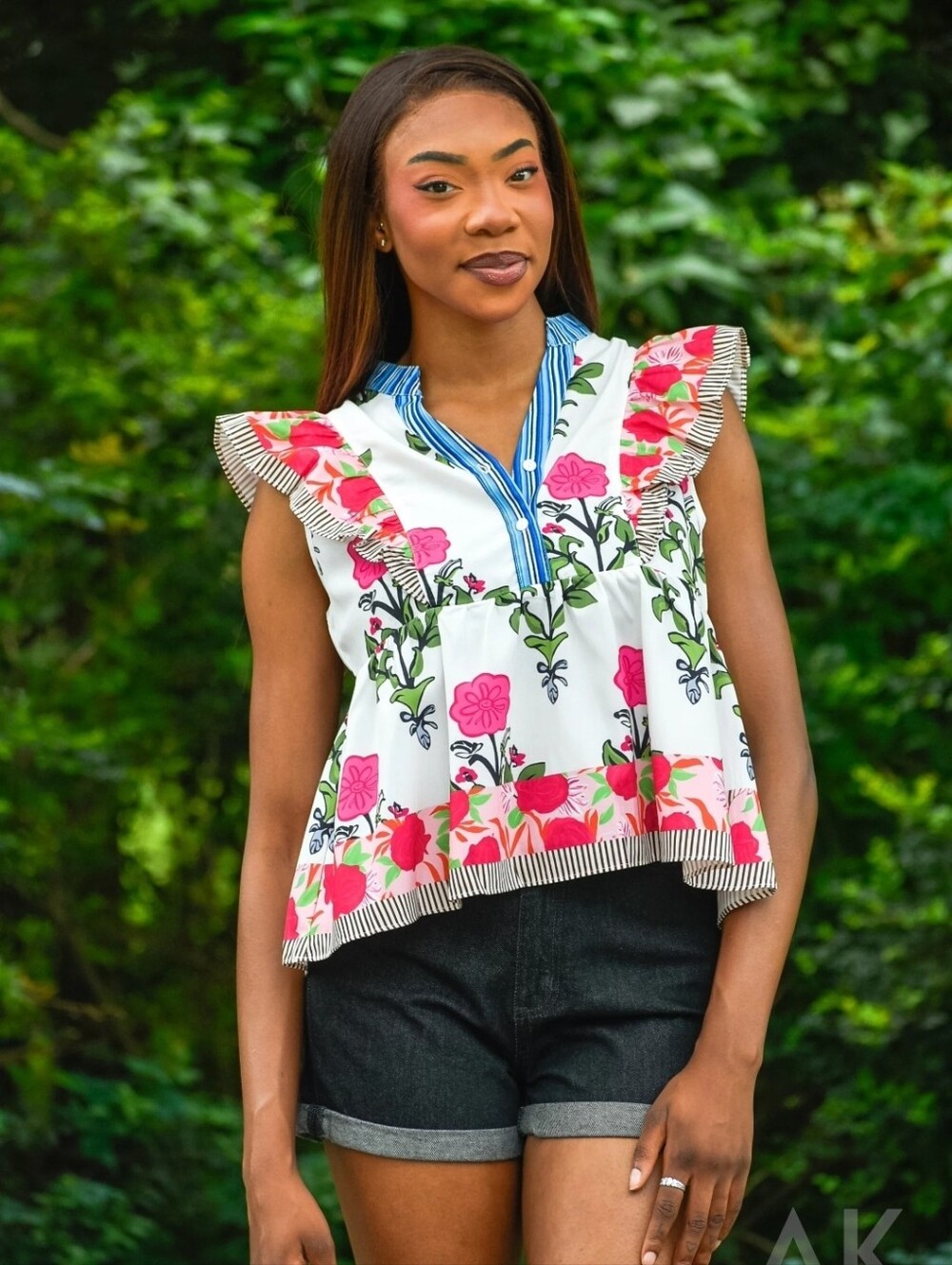 THML Pink Mixed Print Flutter Sleeve Boho Blouse - Size Large - Picture 7 of 8